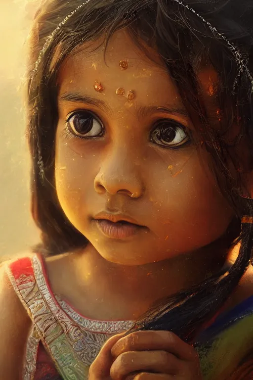 Image similar to hindu little girl, joyful, close - up portrait, intricate, elegant, volumetric lighting, scenery, digital painting, highly detailed, artstation, sharp focus, illustration, concept art, ruan jia, steve mccurry