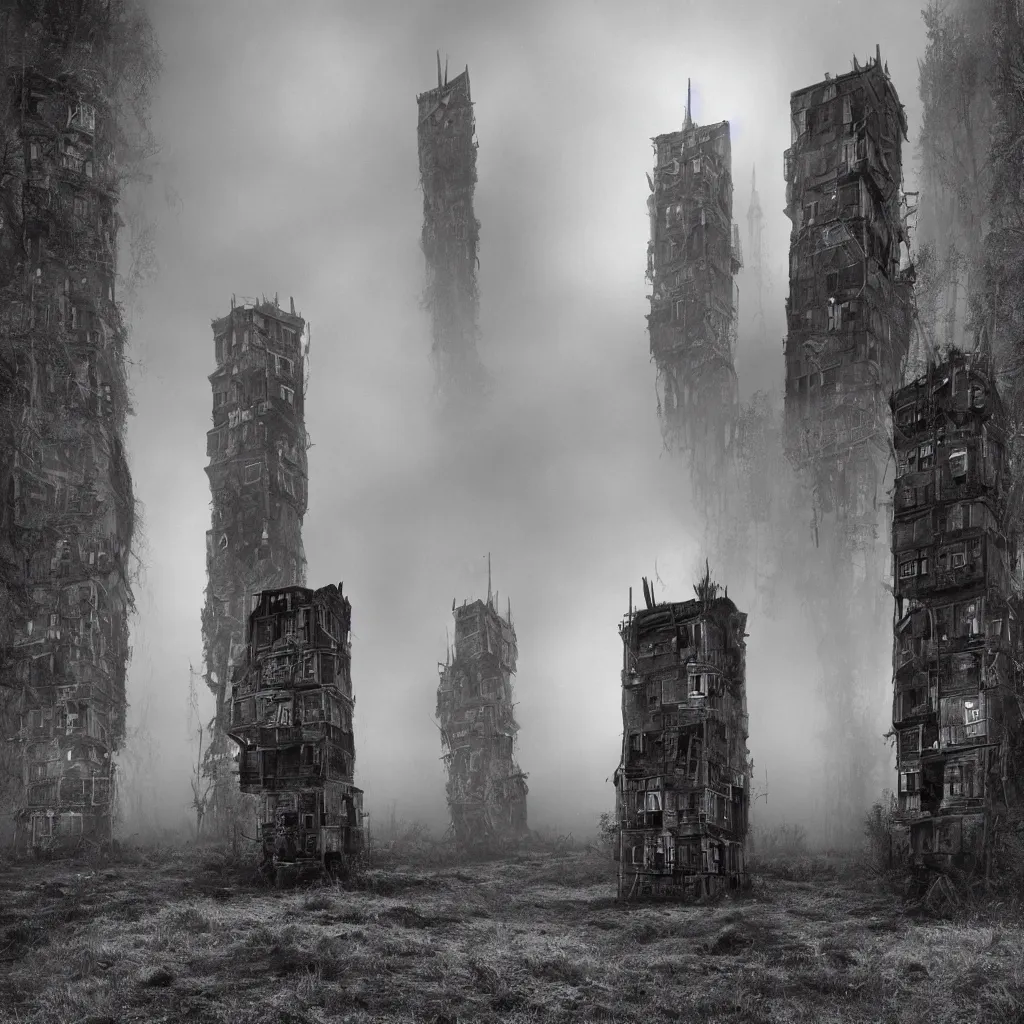 Image similar to two towers, made up of makeshift squatter shacks, misty, dystopia, mamiya rb 6 7, fully frontal view, very detailed, digital glitches, photographed by ansel adams