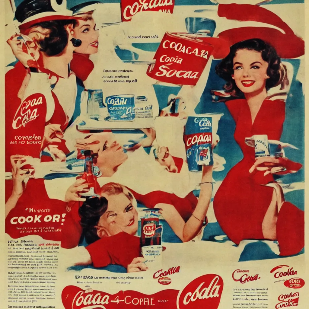 Prompt: coka-cola advertisement, retro ad, print advertising, 1960's
