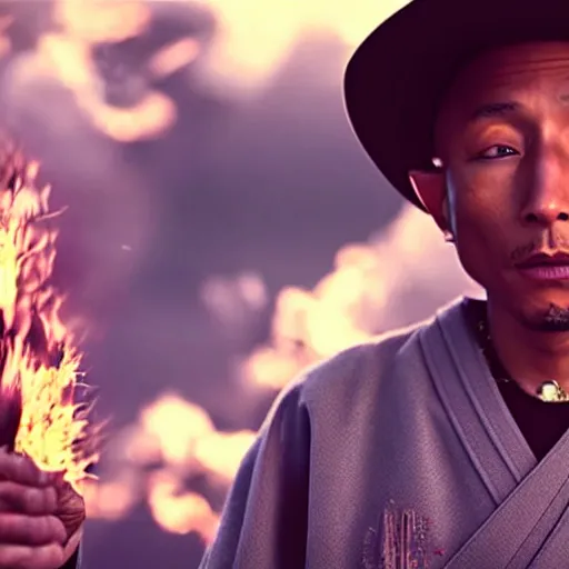 Image similar to cinematic film still Pharrell Williams starring as a Samurai holding fire, Japanese CGI, VFX, 2022, 40mm lens, shallow depth of field,film photography