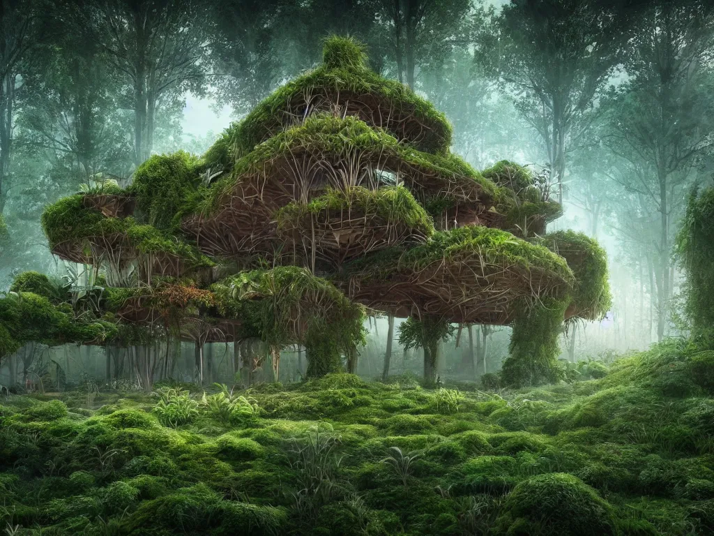 Prompt: beautiful organic house made from imaginary plants in a forest, architectural render, futuresynth, chillwave, vegetal architecture, blender 3D, by moebius, sunrise, (mist), junglepunk, trending on artstation