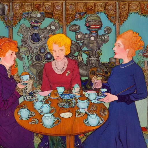 Prompt: detailed Ivan Bilibin and Edmund Dulac and James Jean inspired painting of mech robots having tea with the queen of England in 1953.