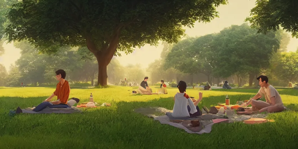 Image similar to a film still of a picknick in the park, medium shot, waist up, wes anderson, studio ghibli, pixar and disney animation, sharp, rendered in unreal engine 5, anime key art by greg rutkowski, bloom, dramatic lighting