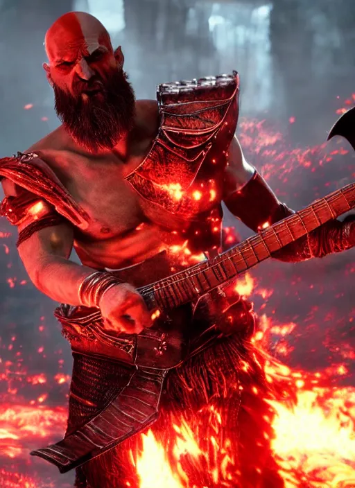 Prompt: red facial stripe armored screaming kratos rocking hard on a flaming stratocaster guitar, cinematic render, god of war 2 0 1 8, playstation studios official media, lightning, flames, clear, coherent, guitar, guitar