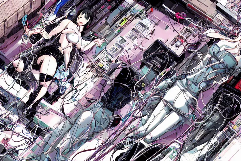 Image similar to a cyberpunk illustration of a group of female androids in style of yukito kishiro, lying on an abstract, empty, white floor with their body parts scattered around in various poses and cables and wires coming out, by masamune shirow and katsuhiro otomo, hyper-detailed, intricate, view from above