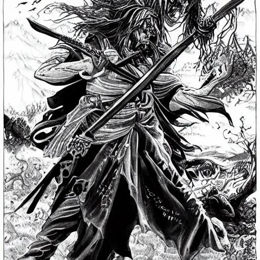 Image similar to pen and ink!!!! attractive 22 year old Frank Zappa x Jared Leto golden Vagabond magic swordsman glides through a beautiful battlefield magic the gathering dramatic esoteric!!!!!! pen and ink!!!!! illustrated in high detail!!!!!!!! by Hiroya Oku!!!!! Written by Wes Anderson graphic novel published on shonen jump 2002 award winning!!!!