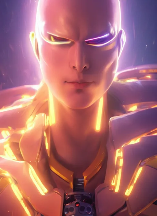 Image similar to glowwave portrait of saitama from overwatch, au naturel, hyper detailed, digital art, trending in artstation, cinematic lighting, studio quality, smooth render, unreal engine 5 rendered, octane rendered, art style by klimt and nixeu and ian sprigger and wlop and krenz cushart.