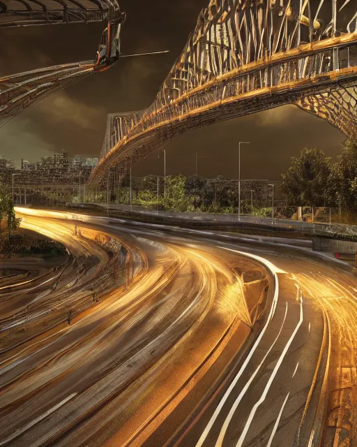 Image similar to freeway at night, light from traffic in the city beyond, unreal engine, hyperrealism, realistic shading, cinematic composition, realistic render, octane render, detailed textures, by liam wong and makoto shinkaismoothed : symmetrical fractal pattern, collection of cells, artwork for creative design, art and entertainment