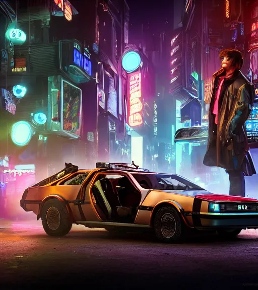 Image similar to marty mcfly standing besides a steampunk delorean in a cyberpunk city, neon signs, futuristic, realistic, 8 k, extremely detailed, cgi, trending on artstation, hyper - realistic render, 4 k hd wallpaper, premium prints available, by greg rutkowski, esuthio, craig mullins, dystopian scifi gear, gloomy