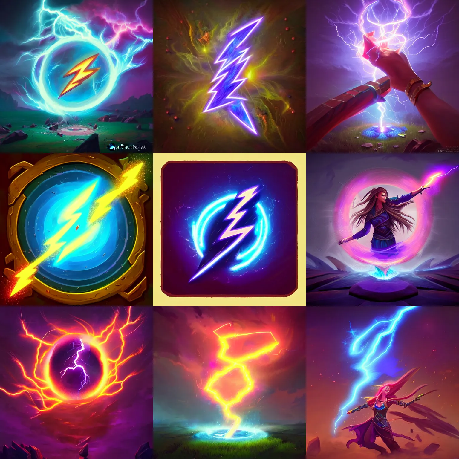 Prompt: lightning storm magic spell, magical energy, hearthstone coloring style, fantasy game spell icon, by greg rutkowski
