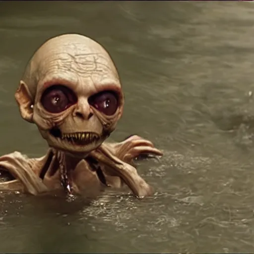 Image similar to Gollum floats on a bloody stream, bones, skeletons
