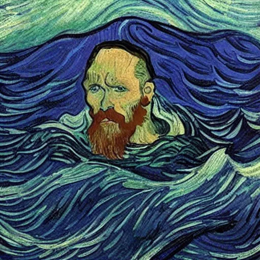 Image similar to a guy with white hoodie drowning in the abyss of the sea, very deep, by van gogh