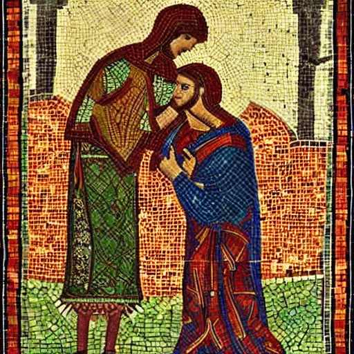 Image similar to intricate love story, byzantine mosaics art