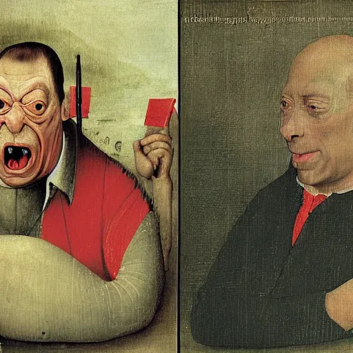 Image similar to red faced nigel farage angry screaming, by hieronymus bosch