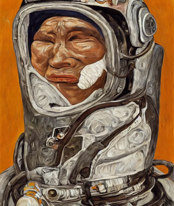 Image similar to indigenous woman with astronaut helmet, painted by lucian freud, hd, super detailed, realistic, muted colors