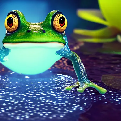 Image similar to frog cute character in water with water lily fireflies around, cute big eyes with details in body, poster, bioluminescence, vegetation, water bubbles, flying shot, portrait, full shot, rim light, pixar, octane render,