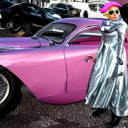 Prompt: lady gaga as a shiny chrome futuristic android washing a vintage 1 9 5 0's car