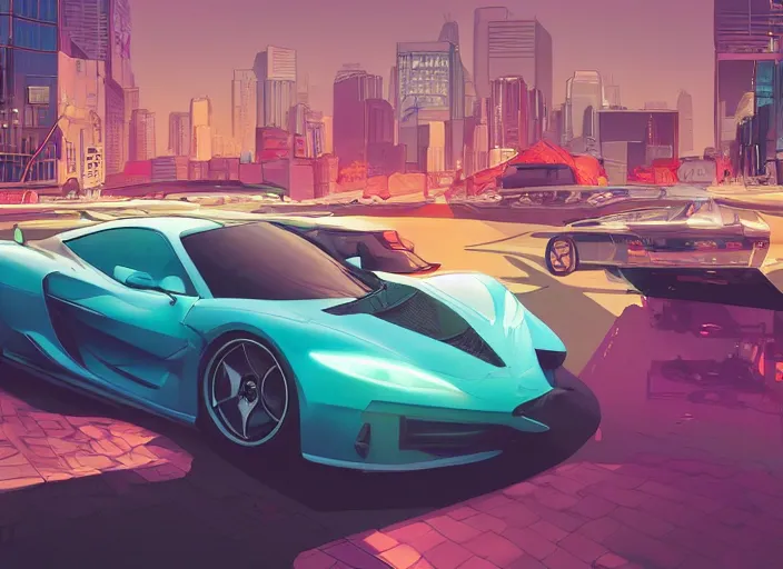 Image similar to a sport car in a city. sharp focus, cinematic pose, cinematic lighting, unreal engine render. art by josan gonzales and moebius and deathburger.