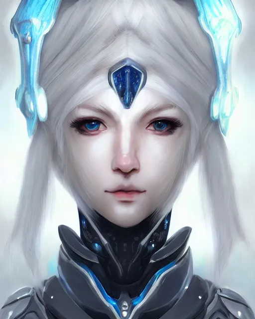 Image similar to perfect white haired girl, warframe armor, beautiful, dreamy, portrait, highly detailed, digital painting, trending on artstation, concept art, sharp focus, illustration, pretty face, blue starry eyes, scifi platform, front lit, laboratory, experiment, masterpiece, art by masayoshi tanaka, akihiko yoshida, kazuya takahashi