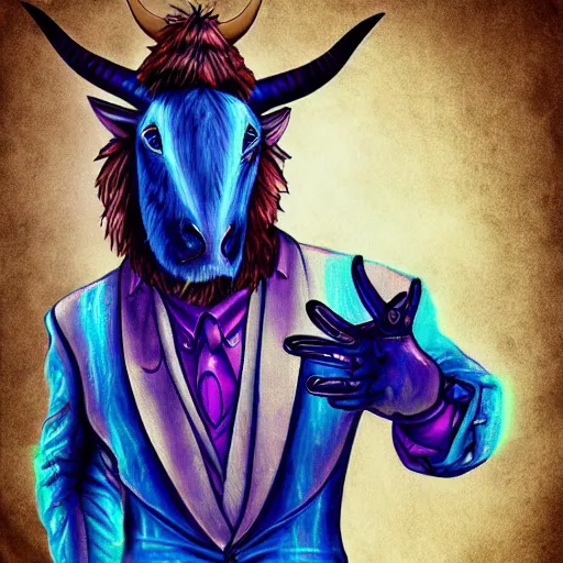 Prompt: well dressed minotaur with blue flaming eyes, digital art