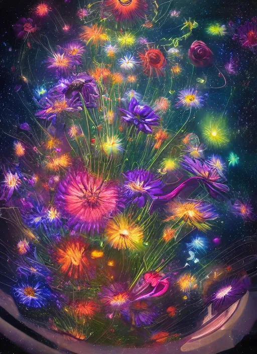 Image similar to An epic fantastic realism comic book style painting of the most beautiful spiraling flowers launched across the dark and starry night sky, nebulous bouquets, fisheye lens, unreal 5, DAZ, hyperrealistic, octane render, dynamic lighting