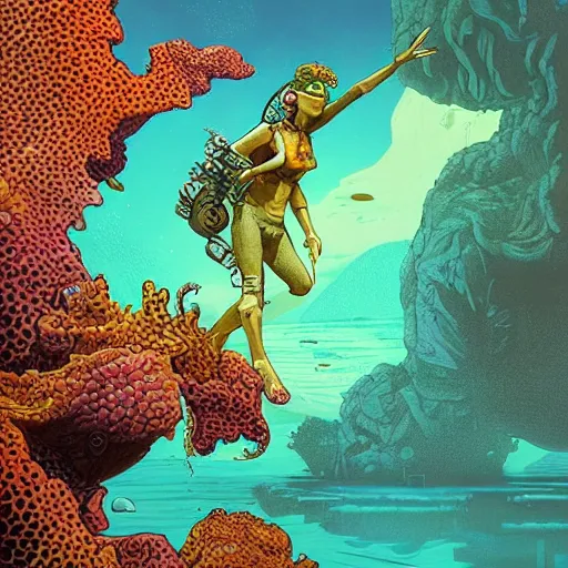 Prompt: amphibious woman exploring a vibrant alien reef, Industrial Scifi, detailed illustration, Chiaroscuro, concept art, by Martin Grip and Moebius