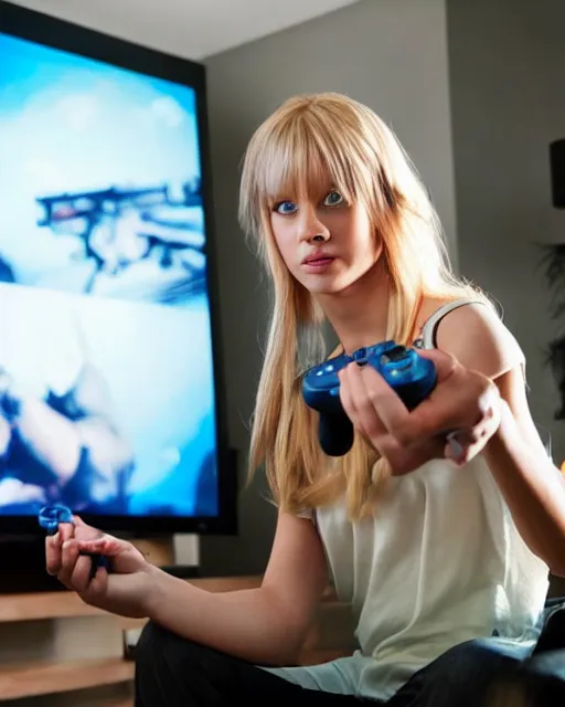 Prompt: a cute beautiful blonde woman with blue eyes playing game, holding controller, watching television displaying call of duty, intricate detail, cinematic composition