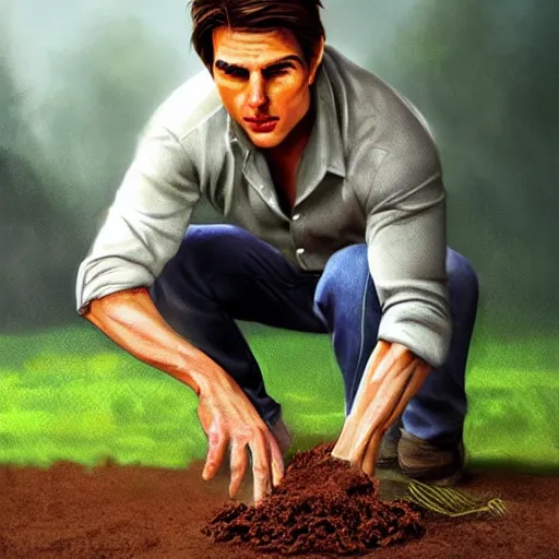 Image similar to tom cruise planting fries in the ground, digital art, highly - detailed, artstation cgsociety masterpiece