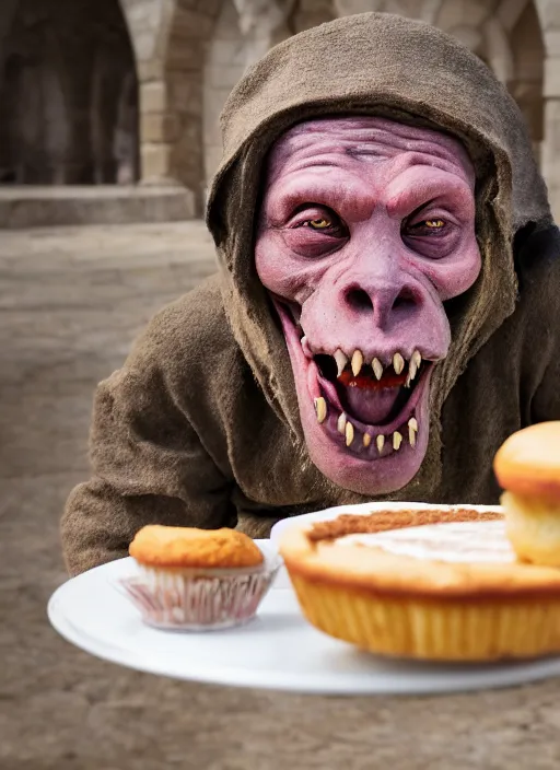 Image similar to closeup portrait of a medieval goblin eating cakes in the cloisters, depth of field, zeiss lens, detailed, symmetrical, centered, fashion photoshoot, by Annie Leibovitz and Steve McCurry, David Lazar, Jimmy Nelsson, Breathtaking, 8k resolution, extremely detailed, beautiful, establishing shot, artistic, hyperrealistic, beautiful face, octane render