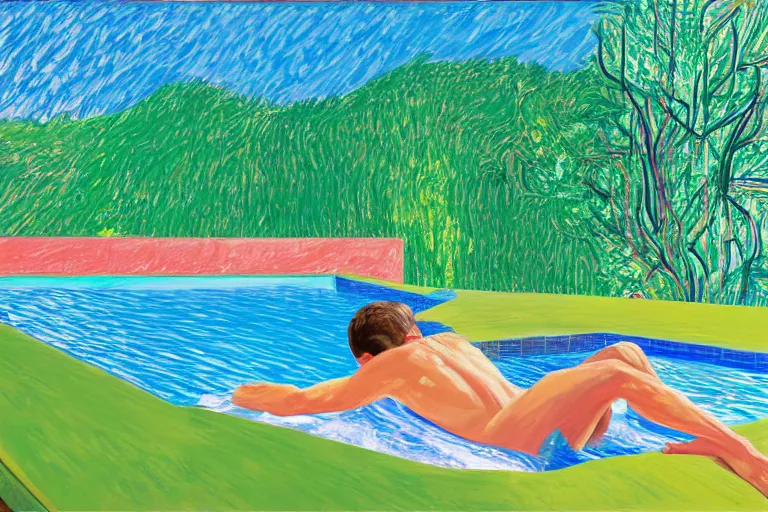 Prompt: emmanuel macron sunbathing in a swimming pool in a house in california, summer blue sky, shimmering water, lush trees and bushes garden lawn, by david hockney, peter doig, lucien freud, francis bacon, pop realism, oil on canvas