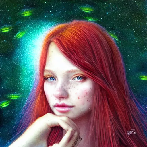 Image similar to portrait of a red haired girl loving to be among among fireflies, with long hair, green eyes, round beautiful face, a soft smile, hint of freckles, wonderful lights, highly detailed, hyper realistic colorful art by artgerm