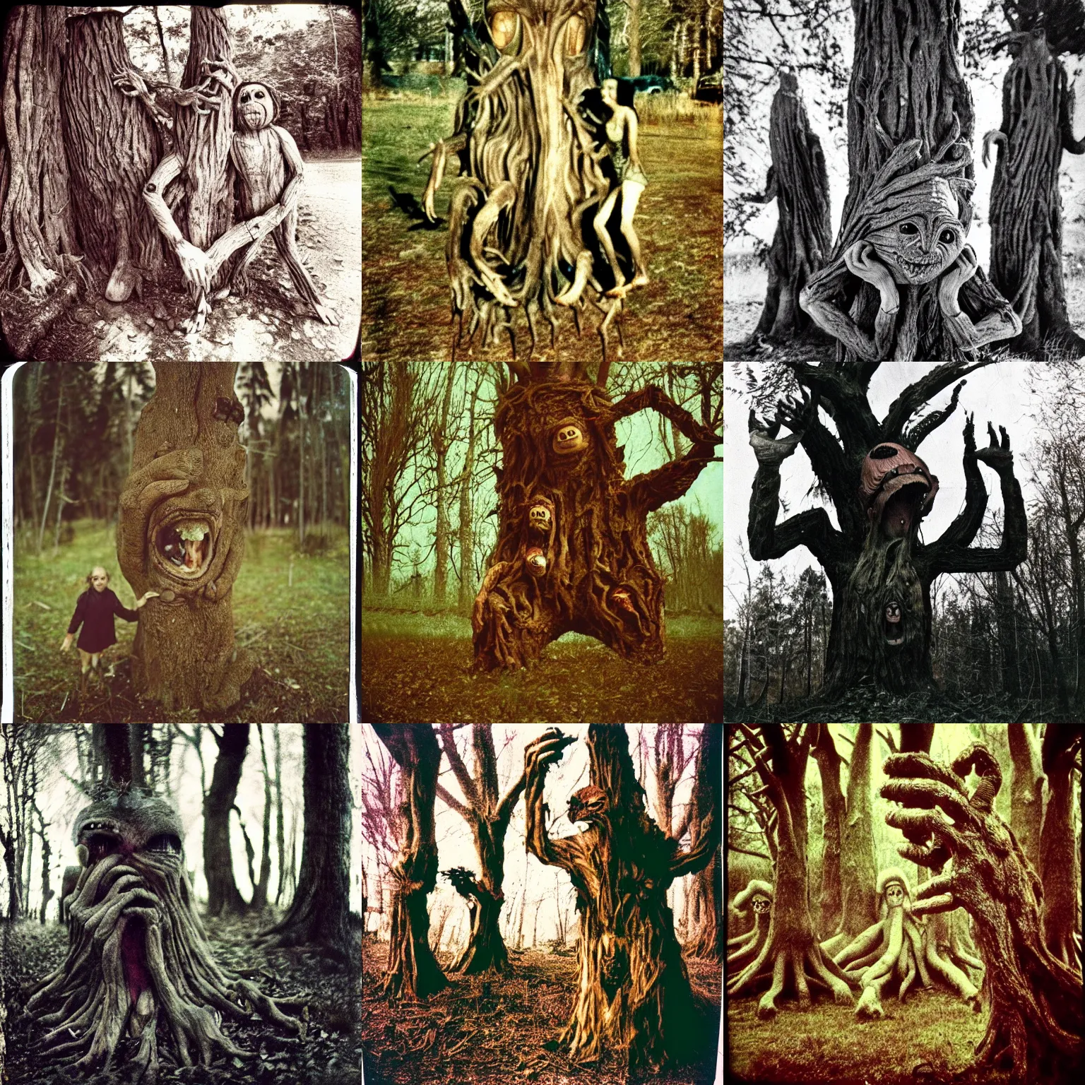 Prompt: a terrifying tree monster with distorted humanoid faces made of bark, grabbing mushrooms, lovecratftian horror, pans labyrinth, shot on expired instamatic film