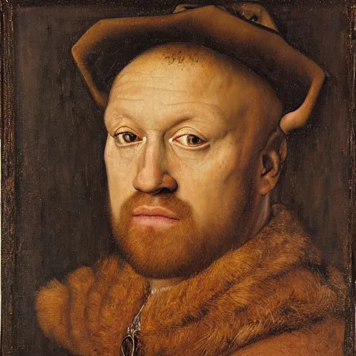 Image similar to portrait of kevin james, oil painting by jan van eyck, northern renaissance art, oil on canvas, wet - on - wet technique, realistic, expressive emotions, intricate textures, illusionistic detail