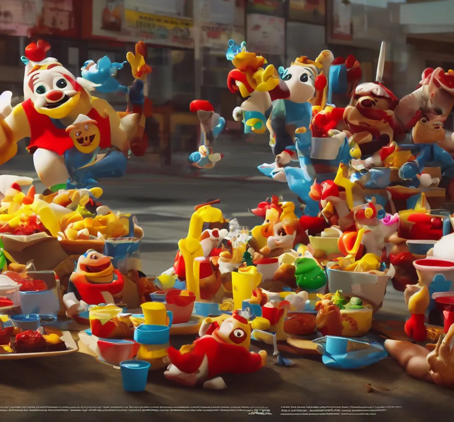 Image similar to living happy meal from macdonald rolling on streat, ue 5, ue 6, unreal engine 5, cinematic 4 k wallpaper, 8 k, ultra detailed, by popular digital artist, beautiful image, resolution, artstation