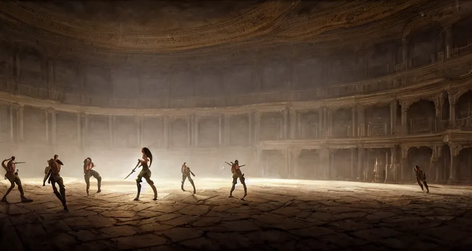 Prompt: lara croft exploring the stage of an italian opera house with numerous musclebound male goons patrolling the area, by wlop and greg rutkowski, extremely detailed shading, concept art, digital painting, trending on artstation, unreal engine 5, octane render, atmosphere, lens flare, glow, cinematic lighting, full of color