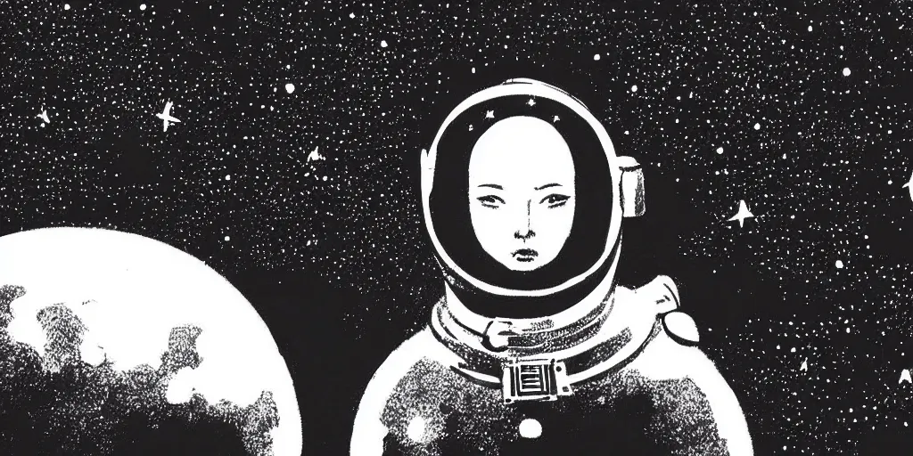 Prompt: etching portrait of a woman wearing a space helmet, manga art, chinese brush, scifi, big clouds visible in the background, stars in the sky, high contrast, deep black tones