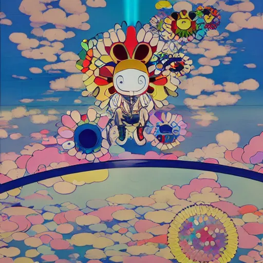 Image similar to a man walking on clouds away from the camera above kyoto by takashi murakami, beeple and james jean, aya takano color style, 4 k, super detailed, modern, 4 k, symmetrical