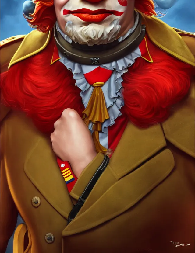 Image similar to a portrait of ronald mcdonald wearing a ww 2 german uniform, by moebius and tyler edlin and hr giger, trending on artstation, digital art, 4 k resolution, detailed, high quality, sharp focus, hq artwork, coherent, insane detail, concept art