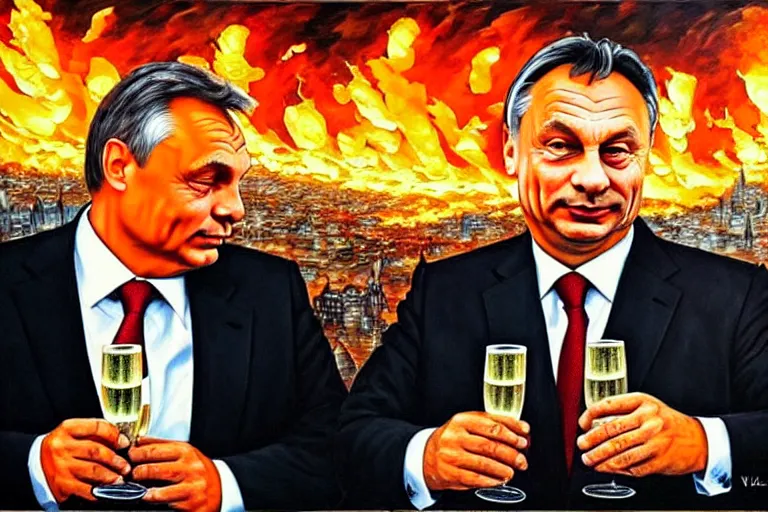 Image similar to viktor orban drinking champagne with putin in front a burning city, highly detailed eyes, oil painting