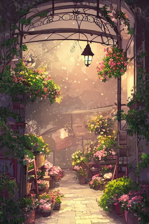 Image similar to a little flower shop's front gate, refreshing, digital illustration, dramatic lighting, pixiv