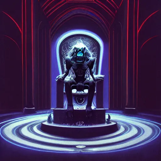 Prompt: highly detailed dark god sit on the tron, surreal, night, death, fear, horror, barlowe, wayne, hyperrealism, detailed and intricate environment