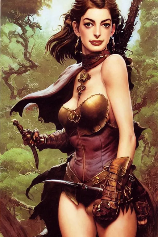 Prompt: a portrait of a cute fantasy girl, anne hathaway, by frank frazetta, larry elmore, jeff easley and ross tran