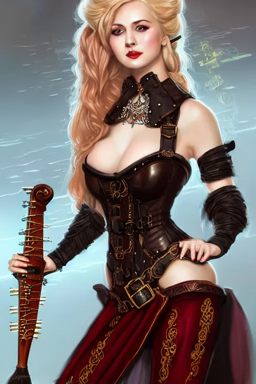 Image similar to Portrait of seductive female bard, D&D, revealing stylish dress like leather armor, holding a hurdy gurdy, choker on neck, long blonde or red hair, mouth slightly open, slight nerdy smile, fantasy, intricate, elegant, highly detailed, digital painting, artstation, concept art, smooth, sharp focus, illustration, art by artgerm and greg rutkowski and alphonse mucha