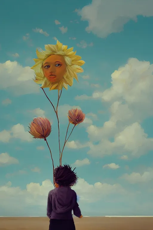 Image similar to portrait, giant flower head, a girl on beach, surreal photography, wind and cold, dramatic sky, impressionist painting, digital painting, artstation, simon stalenhag