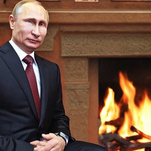 Image similar to vladimir putin in a waistcoat staring at a log fire photograph newspaper award winning