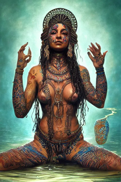 Image similar to a centered render of a alluring festival hippie with tribal tattoos surrounded by a underwater ink pour and flowing liquid gallium and sacred geometry, perfect body, face, hands, powerful, cinematic, beautifully lit, by artgerm, by karol bak, by donato giancola, by boris vallejo, 3 d, trending on artstation, octane render, 8 k