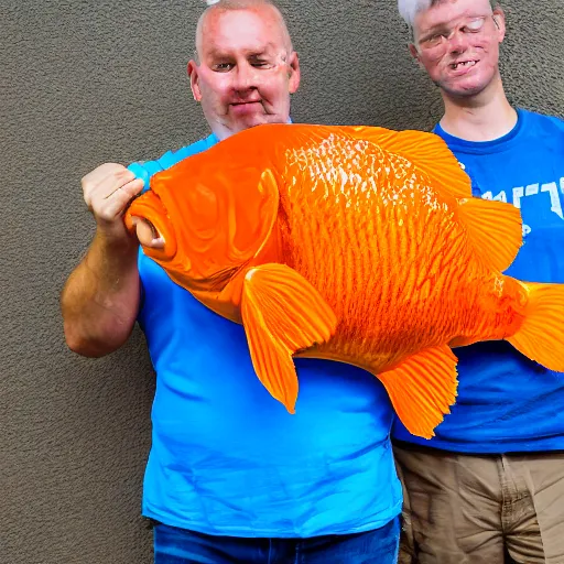 Image similar to gigantic goldfish cracker next to a man that is three times smaller than the cracker, 8 k, 4 k, professional photography, award winning photograph