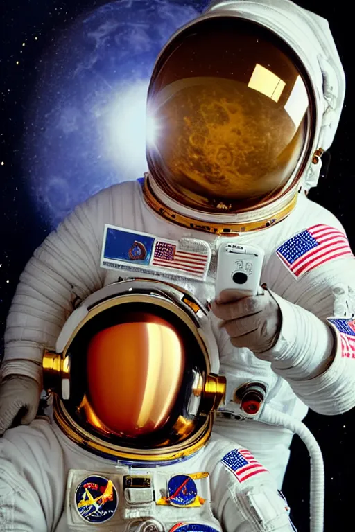 Image similar to extremely detailed studio portrait of space astronaut, holds a smart phone in one hand, phone!! held up to visor, reflection of phone in visor, moon, extreme close shot, soft light, golden glow, award winning photo by diane arbus