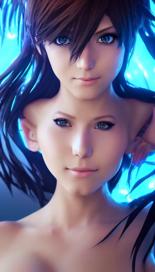 Image similar to render as a very beautiful 3d anime woman with short brown hair, blue eyes, heavy makeup, short smile, cinematic lightning, highly detailed, trending on Artstation, Unreal Engine 4k, cinematic wallpaper