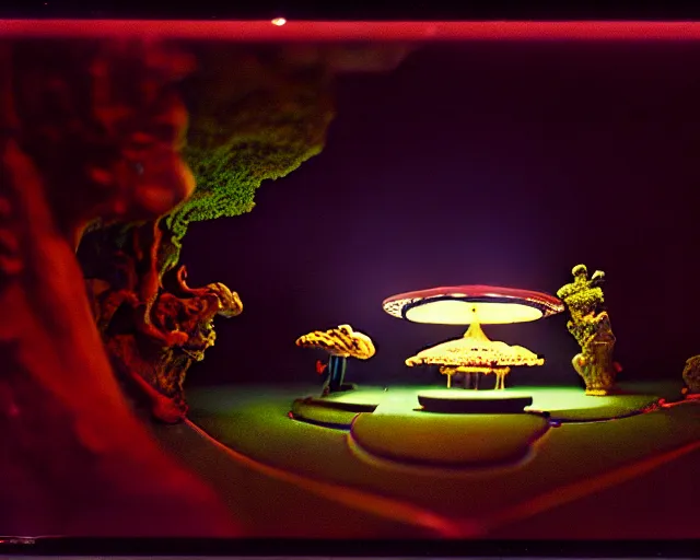 Image similar to low angle shot of a space station at night, aquatic plants, coral, shabby chic, cinematography by Jim Jarmusch, composition by Hale Woodruff, in the style of Ilya Kuvshinov, set design by Antonin Gaudí, 35mm, graflex, color film photography